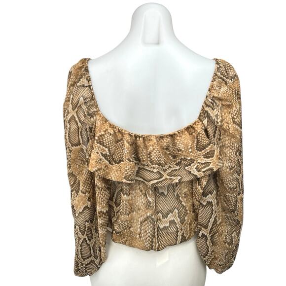 Zara Brown Animal Snake Print Long Sleeve Ruffle Cropped Blouse Top Size S - Picture 2 of 5